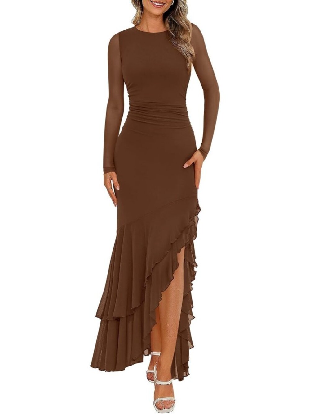 Women's Brown Mesh Ruched Bodycon High Split Long Sleeve Cocktail Maxi Dresses